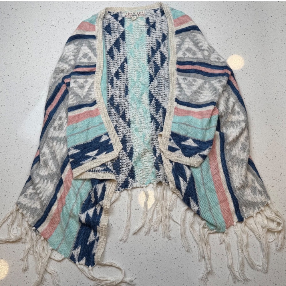 Pink Republic Knit Vest Women XL Blue Pink Excellent Boho Southwestern Fringe